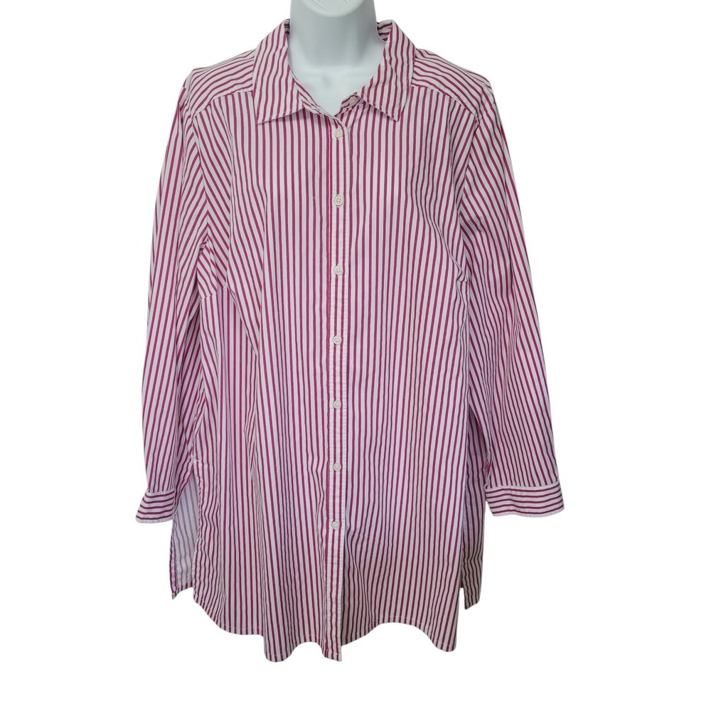 Roaman's Womens Button Up Top 22W Long Sleeve Cotton Blend Stripe Shirt Classic